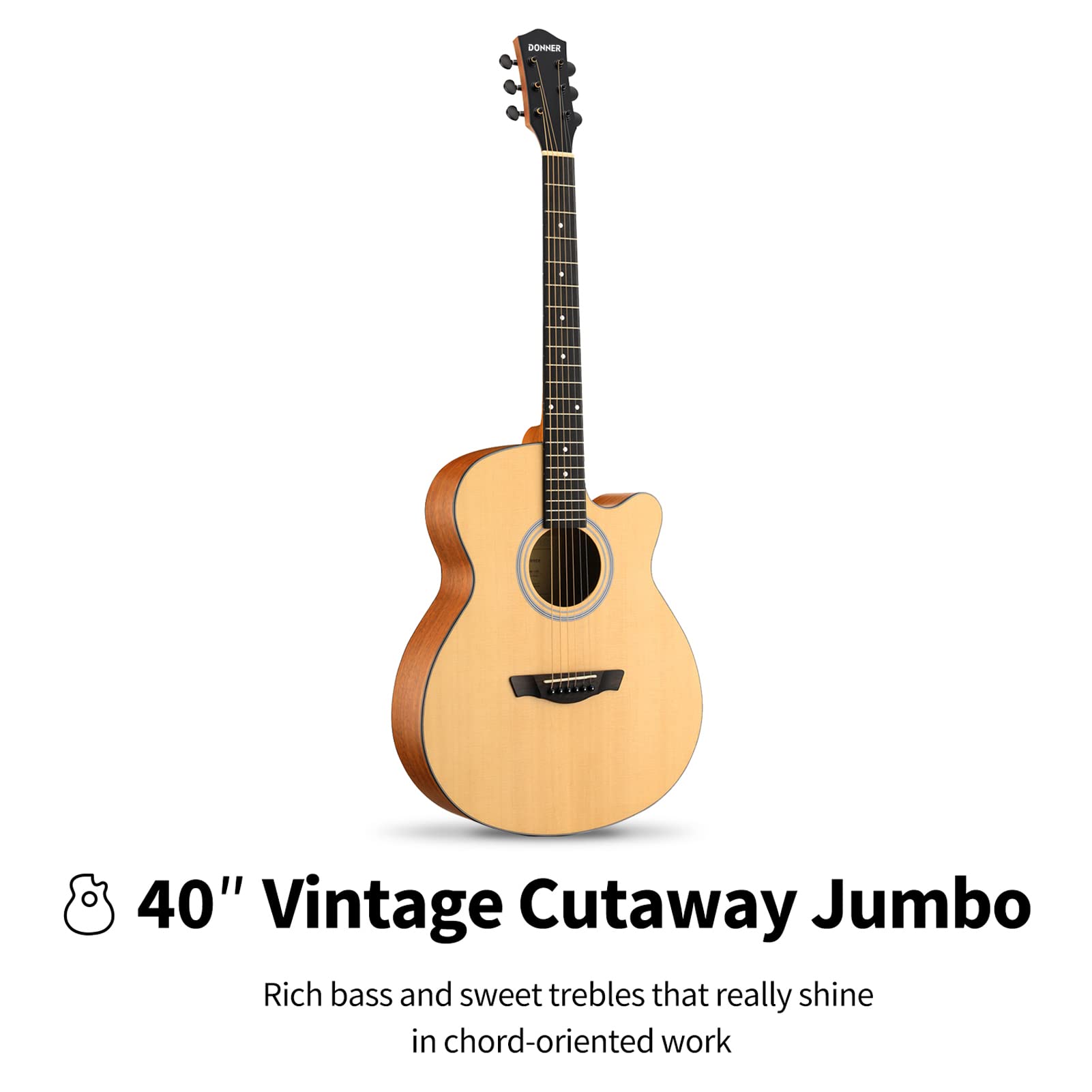 Donner DAJ-110C Mini Jumbo Cutaway Acoustic Guitar Guitar Bundle